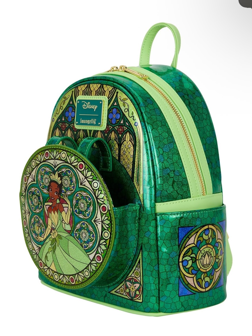 Loungefly Green Tiana Stained Glass Mini Backpack with Bow Ear Accessory *NWT - Picture 7 of 16